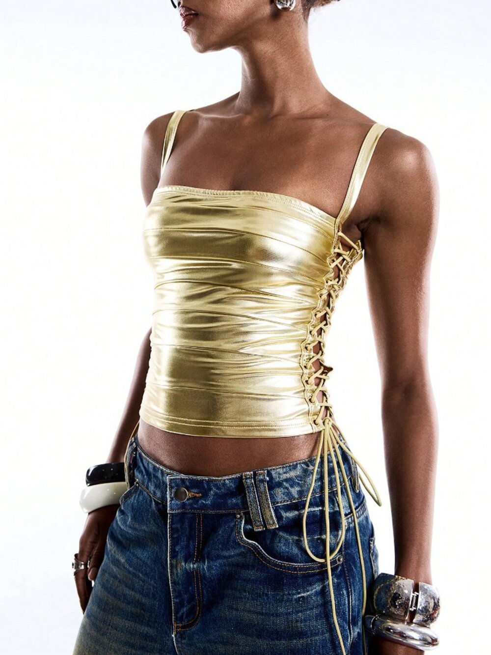 Gold Shimmer Lace-Up Women's Minimalist Y2K Party Crop Top with Side Eyelet - Picture 4 of 8